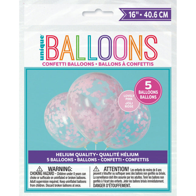 Balony konfetti różowe serce 40cm 5szt