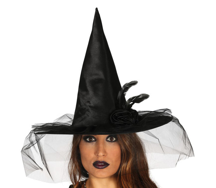 Halloweenowy kapelusz czarownicy z kwiatkiem