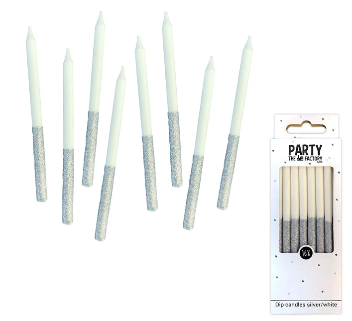 Świeczki Glitter Dip White Silver 8cm 16szt