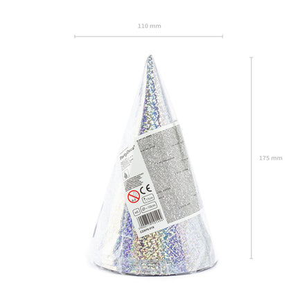 Srebrne czapki imprezowe holograficzne 16cm 6szt.