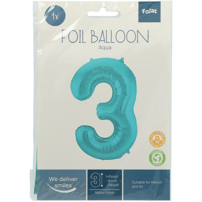 Balon foliowy Figurka 3 Pastel Mint Green XL 86cm Pusty