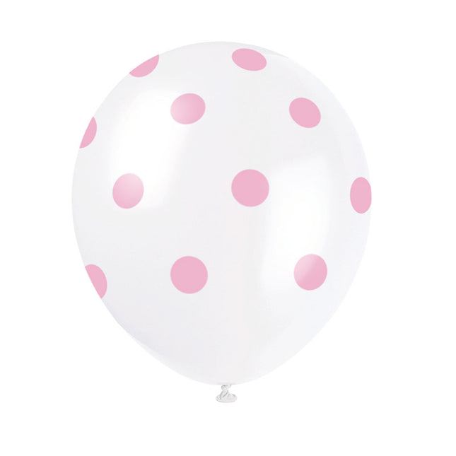 Balony białe jasnoróżowe kropki 30cm 6szt