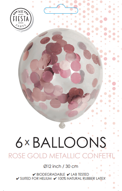 Balony z konfetti w kolorze różowego złota 30 cm 6 szt.