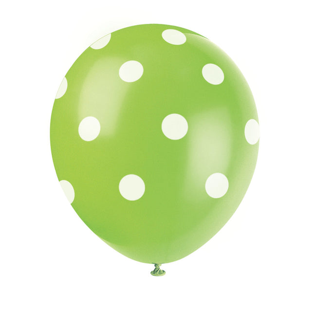 Balony limonkowe białe kropki 30cm 6szt