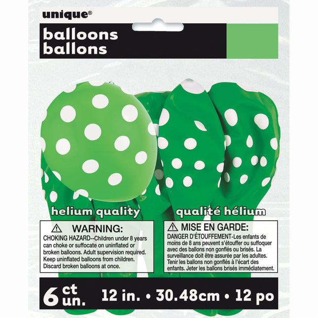 Balony limonkowe białe kropki 30cm 6szt
