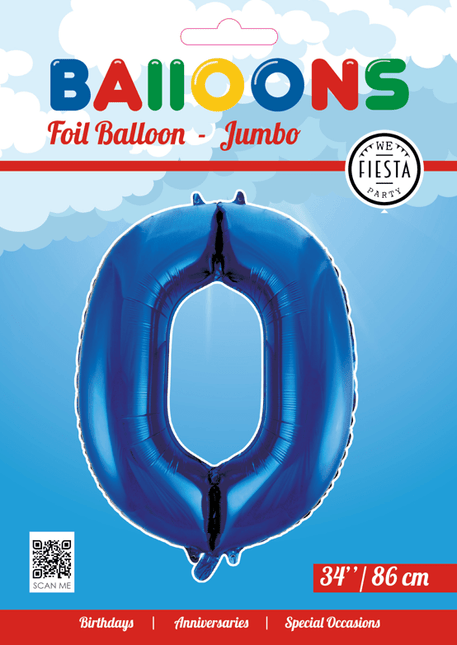Folie Ballon Cijfer 0 Blauw XL 86cm leeg van WeFiesta koop je bij Partywinkel