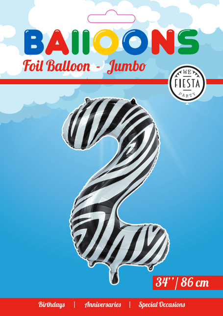 Folie Ballon Cijfer 2 Zebra XL 86cm leeg van WeFiesta koop je bij Partywinkel