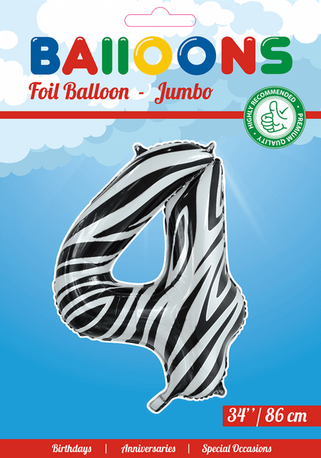 Folie Ballon Cijfer 4 Zebra XL 86cm leeg van WeFiesta koop je bij Partywinkel