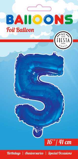 Folie Ballon Cijfer 5 Blauw 41cm met Rietje van WeFiesta koop je bij Partywinkel