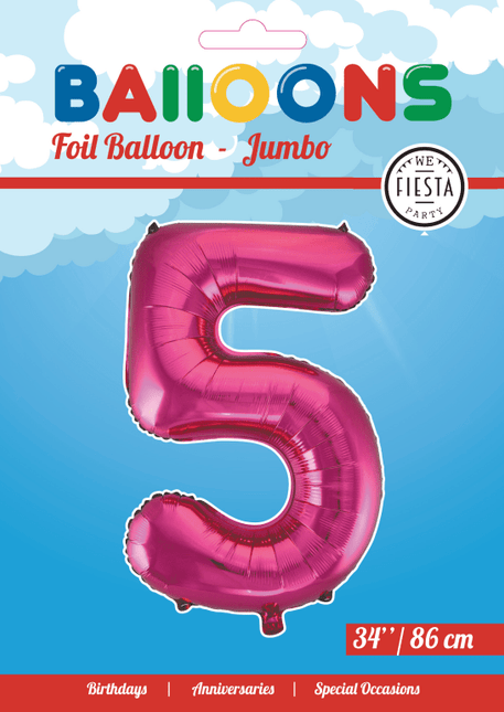 Folie Ballon Cijfer 5 Fuchsia XL 86cm leeg van WeFiesta koop je bij Partywinkel