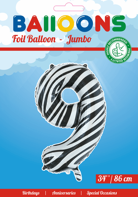 Folie Ballon Cijfer 9 Zebra XL 86cm leeg van WeFiesta koop je bij Partywinkel
