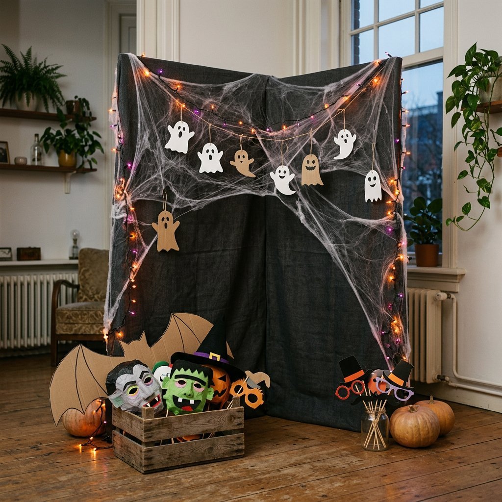 A vibrant, playful DIY Halloween photo booth in a home living room corner with a ghost backdrop, cobwebs, and whimsical props like masks and bat wings, illuminated by orange and purple string lights.