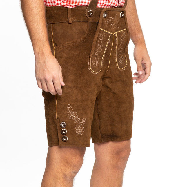 Skórzane krótkie buty Lederhose w kolorze ciemnobrązowym z szelkami