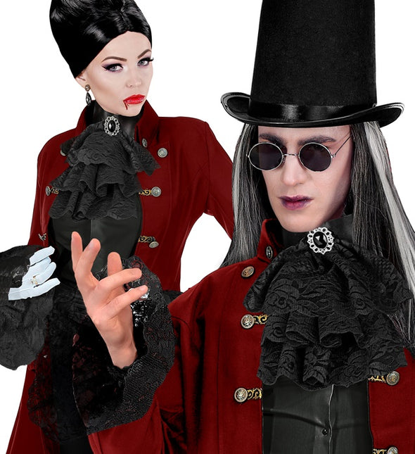 KORONKOWY ŻABOT Z KAMIENIAMI SZLACHETNYMI I MANKIETAMI - CZARNY