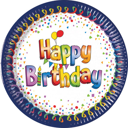 Wielokolorowe talerzyki papierowe Happy Birthday Fsc Next Generation Large 23Cm 8St