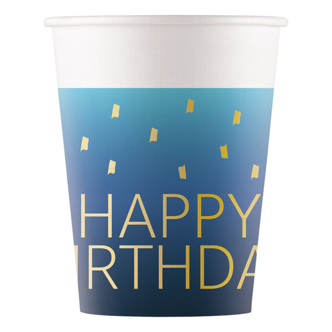 Kubki papierowe Golden Happy Birthday Blue Fsc 200Ml (Wm) 8St