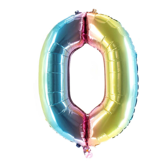 0 – balon z cyfrą „0” w kolorach tęczy, pusty, 85 cm