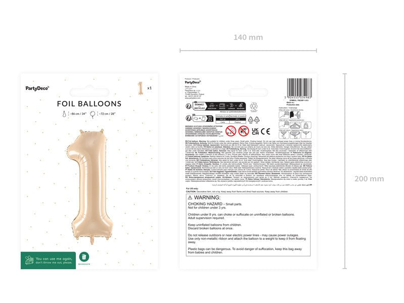 1 Jaar Cijfer Ballon Beige Leeg 72cm van Partydeco koop je bij Partywinkel