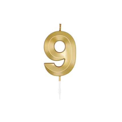 Świeczka „9 lat”, złota metaliczna, 6 cm