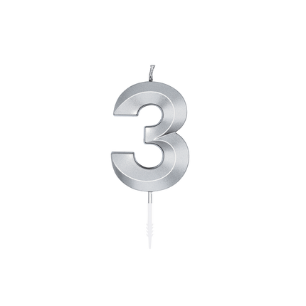 Świeczka „3 lata”, srebrna metaliczna, 6 cm