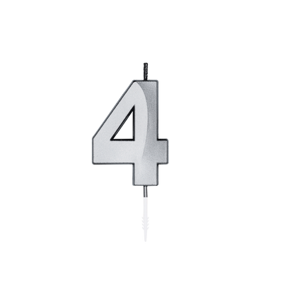 Świeczka „4 lata”, srebrna metaliczna, 6 cm