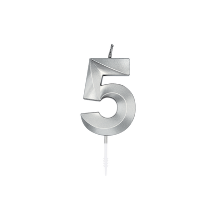 Świeczka „5 lat”, srebrna metaliczna, 6 cm