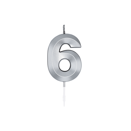 Świeczka „6 lat”, srebrna metaliczna, 6 cm