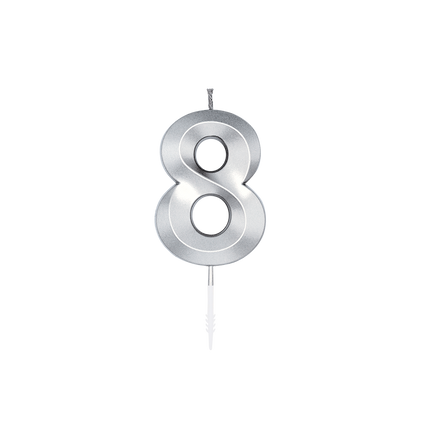 Świeczka „8 lat”, srebrna metaliczna, 6 cm