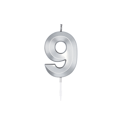 Świeczka „9 lat”, srebrna metaliczna, 6 cm