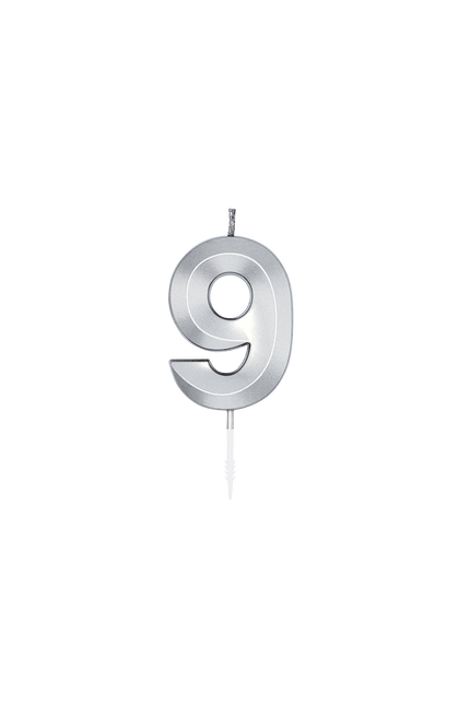 Świeczka „9 lat”, srebrna metaliczna, 6 cm