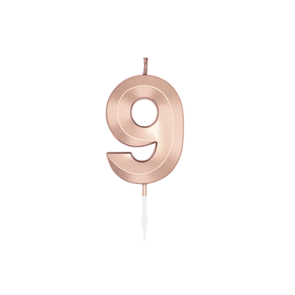 Świeczka „9 lat” w kolorze różowego złota metalicznego, 6 cm