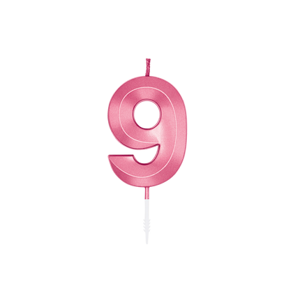 Świeczka „9 lat”, różowa metaliczna, 6 cm