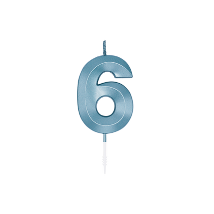 Świeczka „6 lat”, niebieska metaliczna, 6 cm