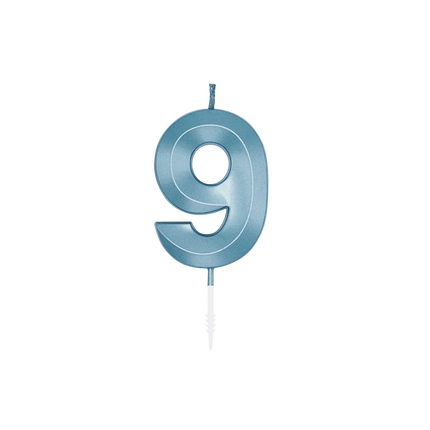 Świeczka „9 lat”, niebieska metaliczna, 6 cm