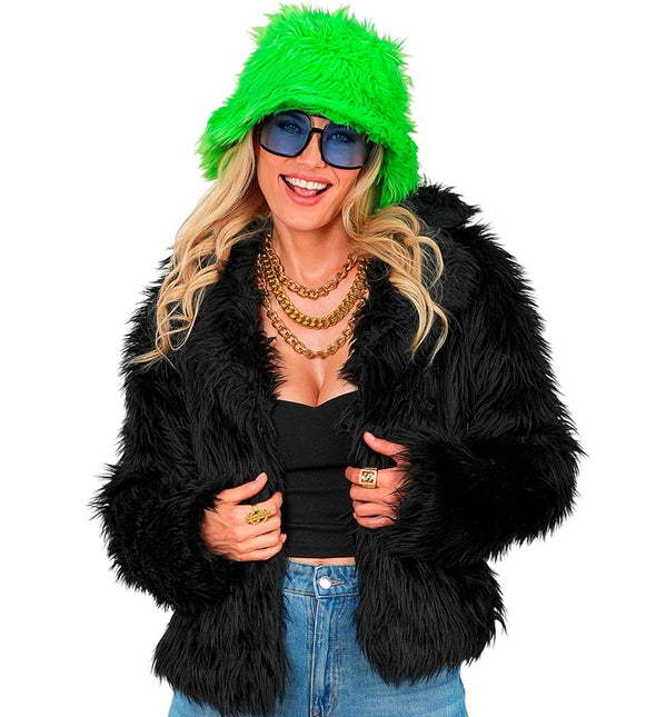 Płaszcz futrzany pluszowy damski czarny