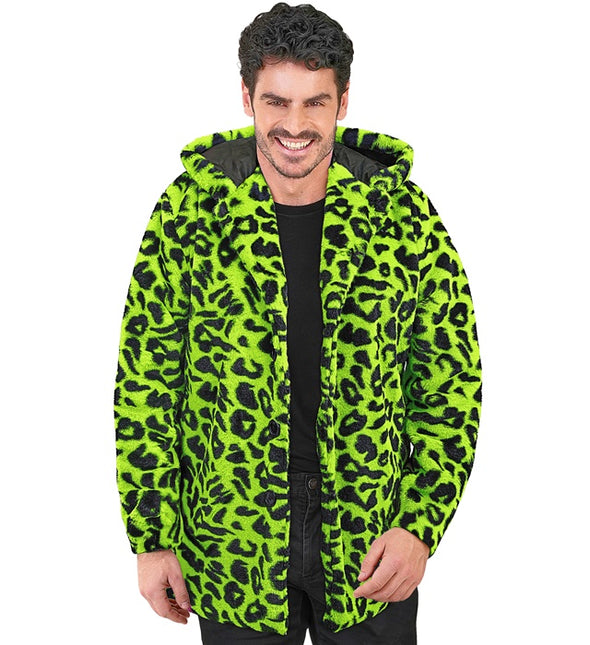 Futrzany płaszcz z czapką Pluszowy Leopard Neon
