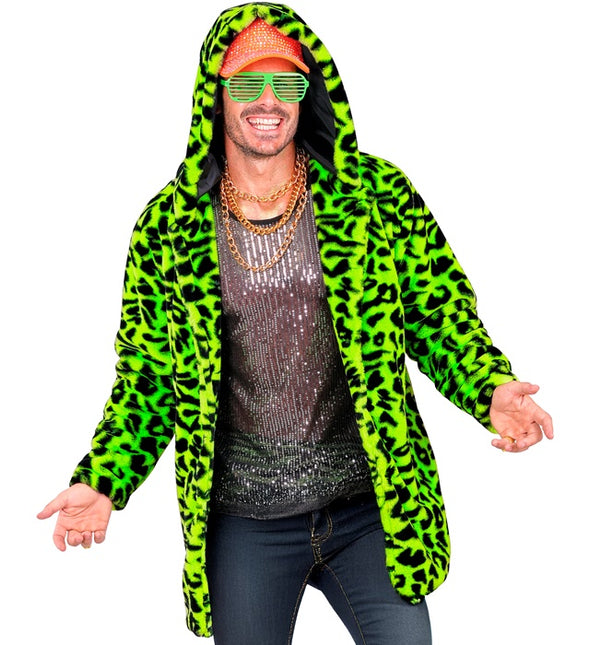 Futrzany płaszcz z czapką Pluszowy Leopard Neon