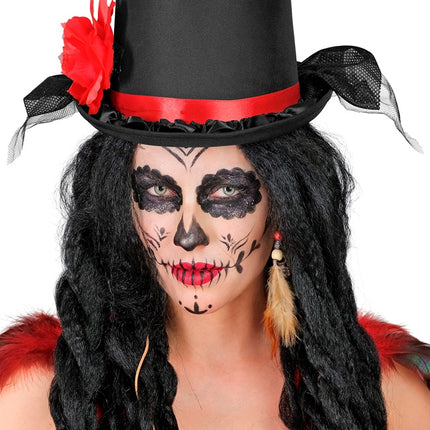 KAPELUSZ CZARNY Z TIULEM I CZERWONĄ RÓŻĄ