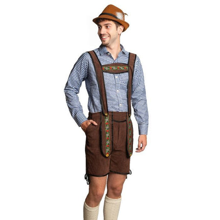 Lederhose ciemnobrązowe krótkie + bluzka niebieska