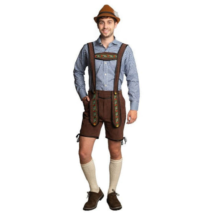 Lederhose ciemnobrązowe krótkie + bluzka niebieska