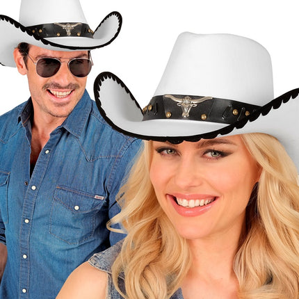 KAPELUSZ KOWBOJSKI Z BYKIEM, BIAŁY FILC