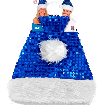 CZAPKA MIKOŁAJA PLUSZOWA Z CEKINAMI NIEBIESKA