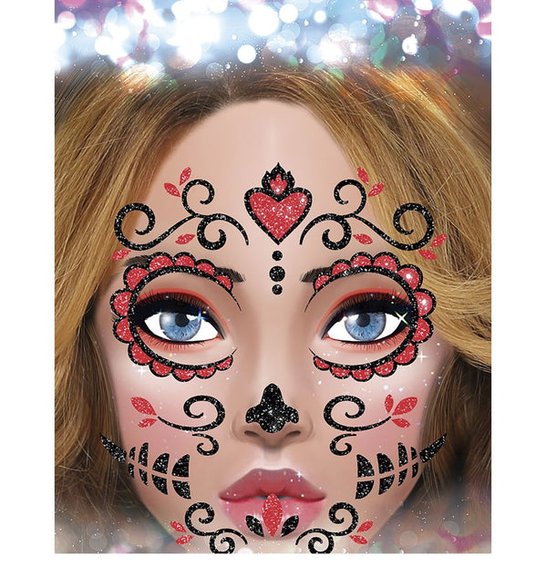 Dia De Los Muertos Naklejki na twarz z brokatem 20 cm