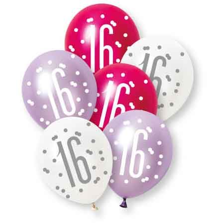 16 Jaar Ballonnen Paars Roze 30cm 6st van Unique koop je bij Partywinkel
