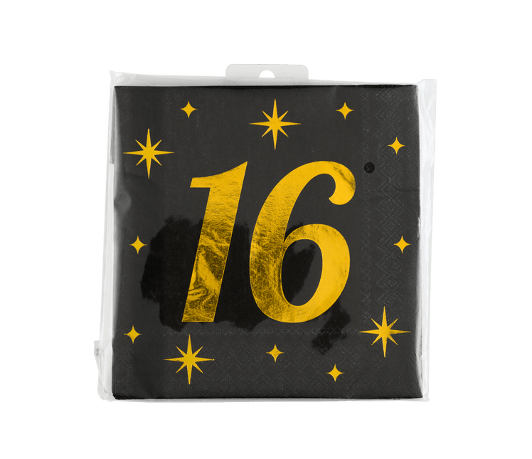 16 Jaar Servetten Zwart Goud 19cm 16st - Partywinkel - 8716764237997