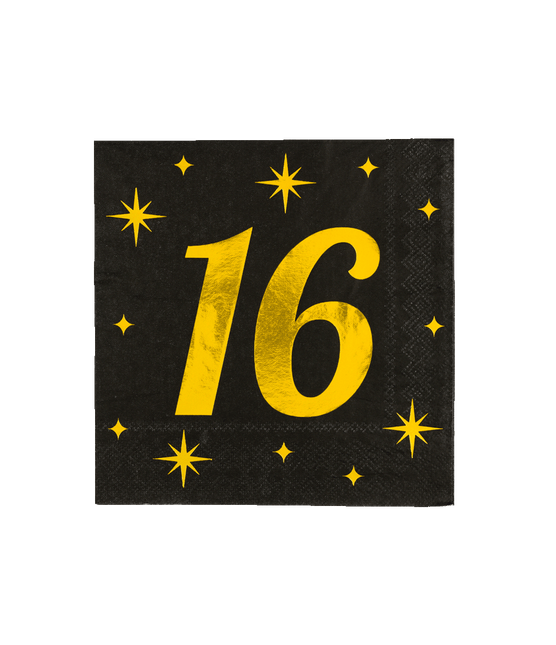 16 Jaar Servetten Zwart Goud 19cm 16st - Partywinkel - 8716764237997