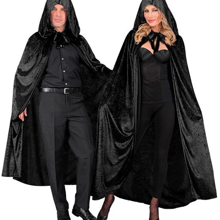 CZARNA AKSAMITNA PELERYNA Z KAPTUREM 140 CM