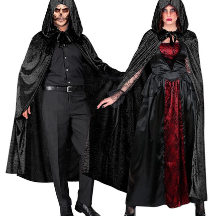 CZARNA AKSAMITNA PELERYNA Z KAPTUREM 140 CM