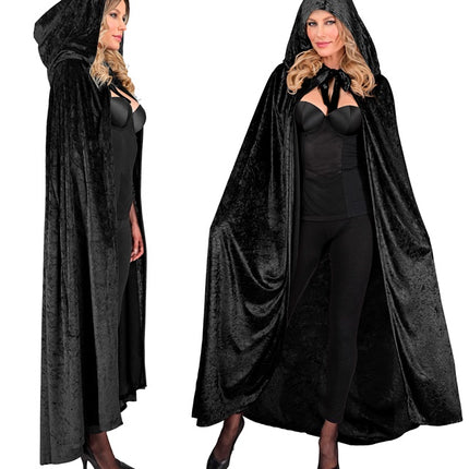 CZARNA AKSAMITNA PELERYNA Z KAPTUREM 140 CM