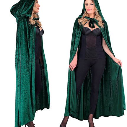 Zielona aksamitna peleryna z kapturem 140 cm